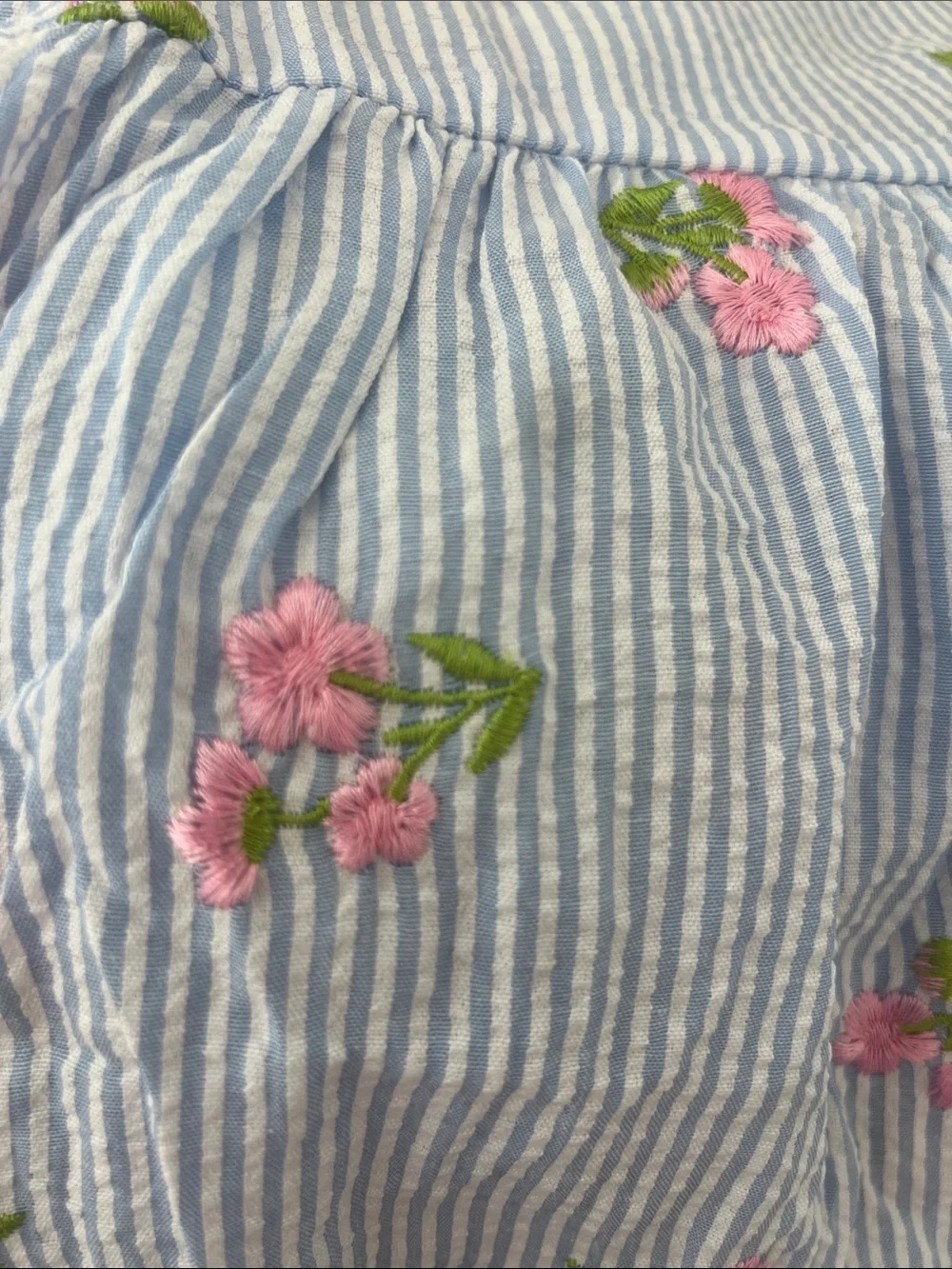 Toddler Blue White Seersucker Embroidered Pink Flowers Lace Ruffle Sleeve Dress
